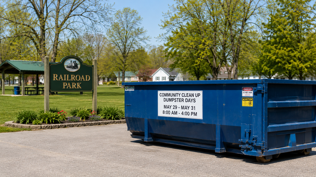 Blue dumpster at Railroad Park with “Community Clean Up Dumpster Days” sign, surrounded by trees, homes, and a pavilion on a sunny day.