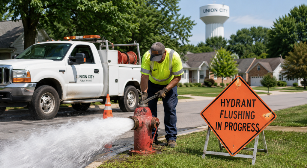 Municipal worker flushing a fire hydrant on a residential street with water spraying, a utility truck and warning sign nearby, and a Union City water tower in the background.