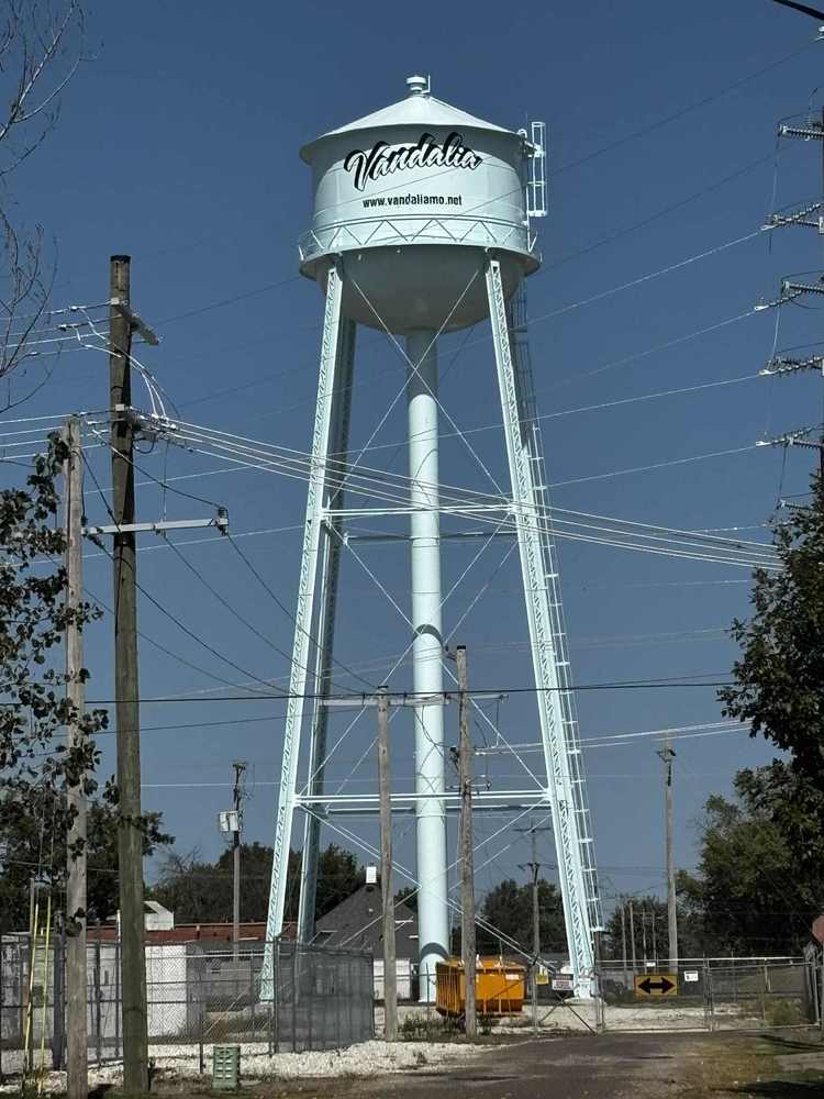 newly painted blue water tower for the city of vandalia