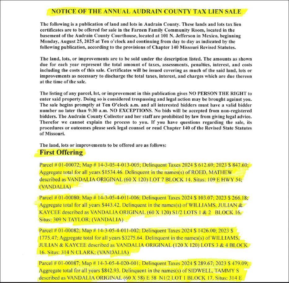 2025 Tax Sale 1st offering