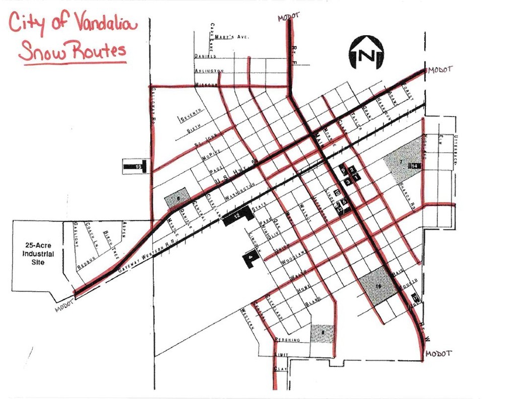 map of the City of Vandalia with red lines for snow routes