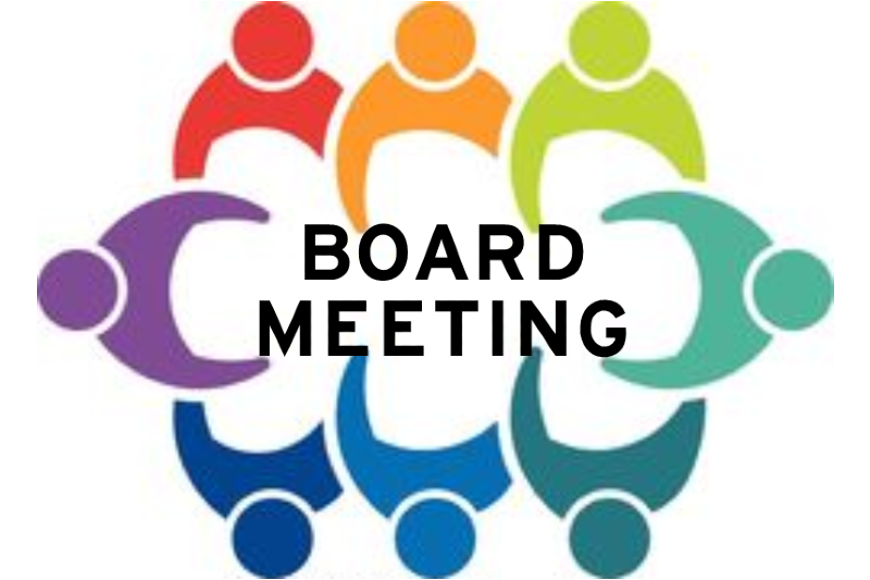 BOARD MEETING in all caps with colorful people figures around the words