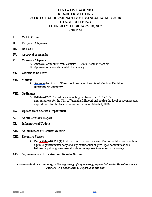 February Agenda for the City of Vandalia