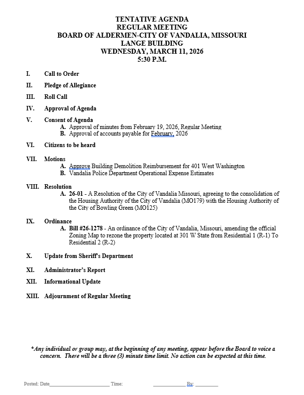 white paper agenda with black words for the City of Vandalia MO 
