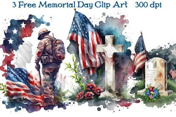 white background with red, white and blue watercolors featuring a solider with American flags, a cross and a tombstone with flowers