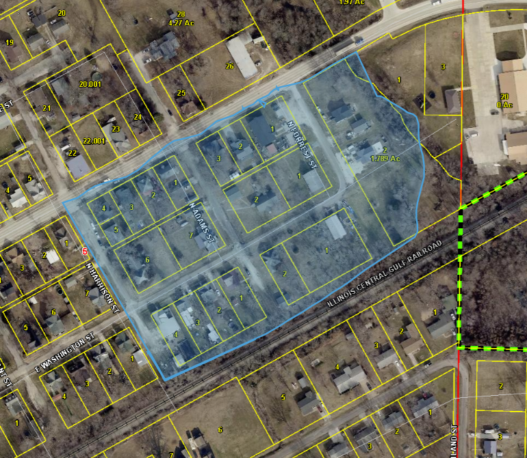 Map of East Washington from Harrison and Forrest St, highlighted blue