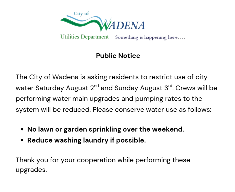 Water Upgrades - Restrict Use 08/02 and 08/03