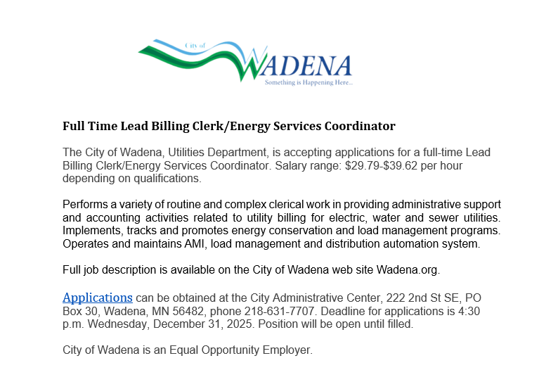 Lead Billing Clerk Employment Opportunity - Pay range (29.79-39.62/hr)