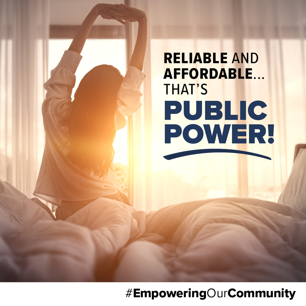 Reliable and Affordable, That is Public Power! A woman stretching her arms in the morning.