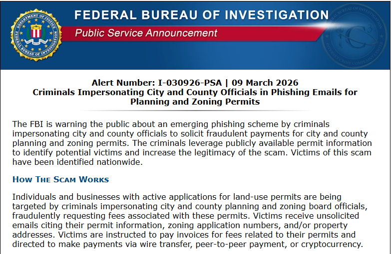 The City of Wadena is aware of a nationwide phishing scam where criminals impersonate local planning and zoning officials to steal money. They use real permit details from public records to make emails look legitimate. If you receive a suspicious message, do not respond or send money. Contact the City of Wadena Planning & Zoning office and local law enforcement to report it.