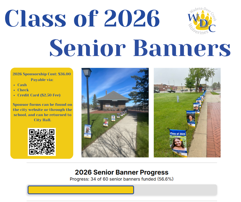 Senior Banner Progress - We are still seeking 26 sponsorships for this year's seniors! Sponsorships are $36.00 and can be dropped off at the city offices or put in the dropbox.