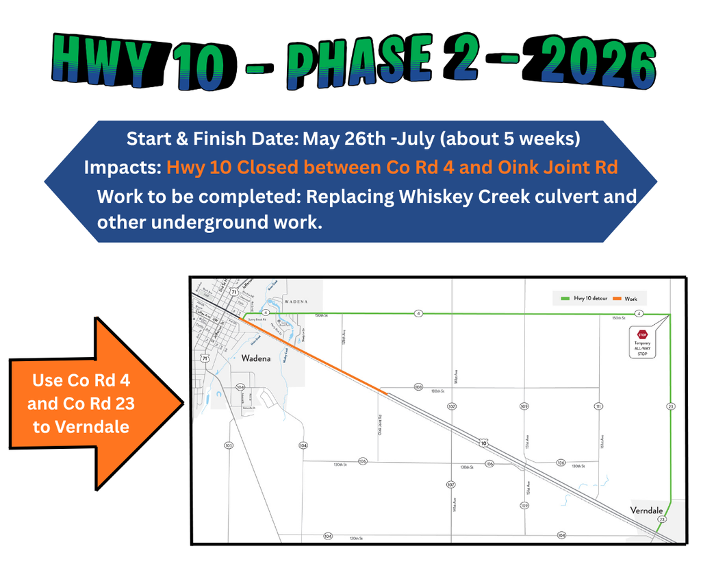 Hwy 10 Detour extends to Verndale starting Tuesday, May 26th. Use Co. Rd. 4 and Co. Rd 23 detour.