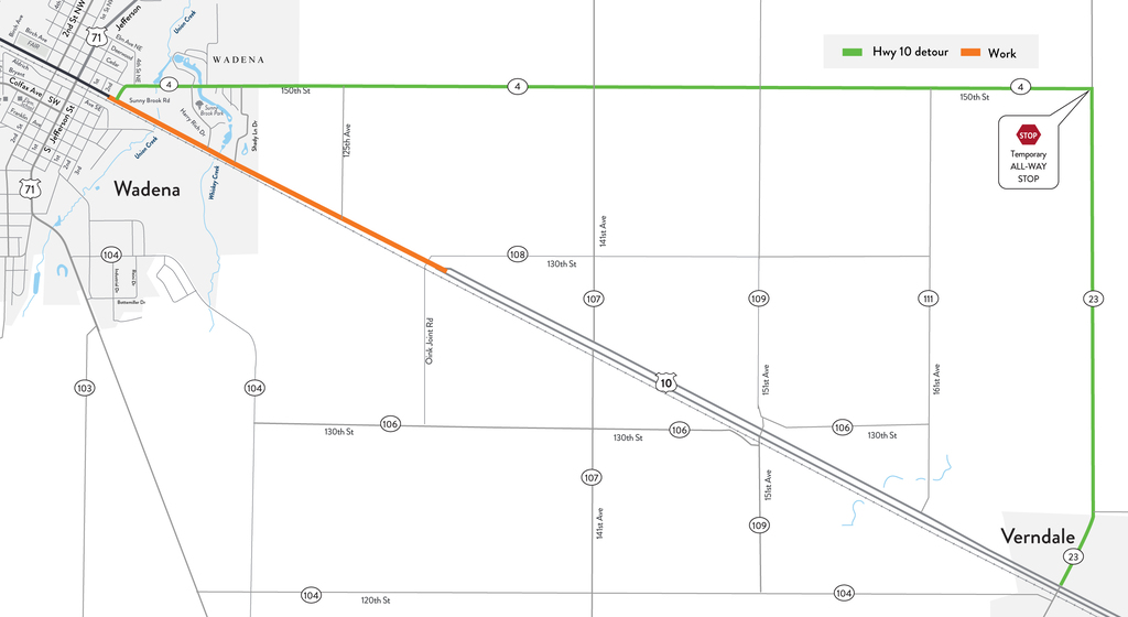 Hwy 10 Detour extends to Verndale starting Tuesday, May 26th. Use Co. Rd. 4 and Co. Rd 23 detour.
