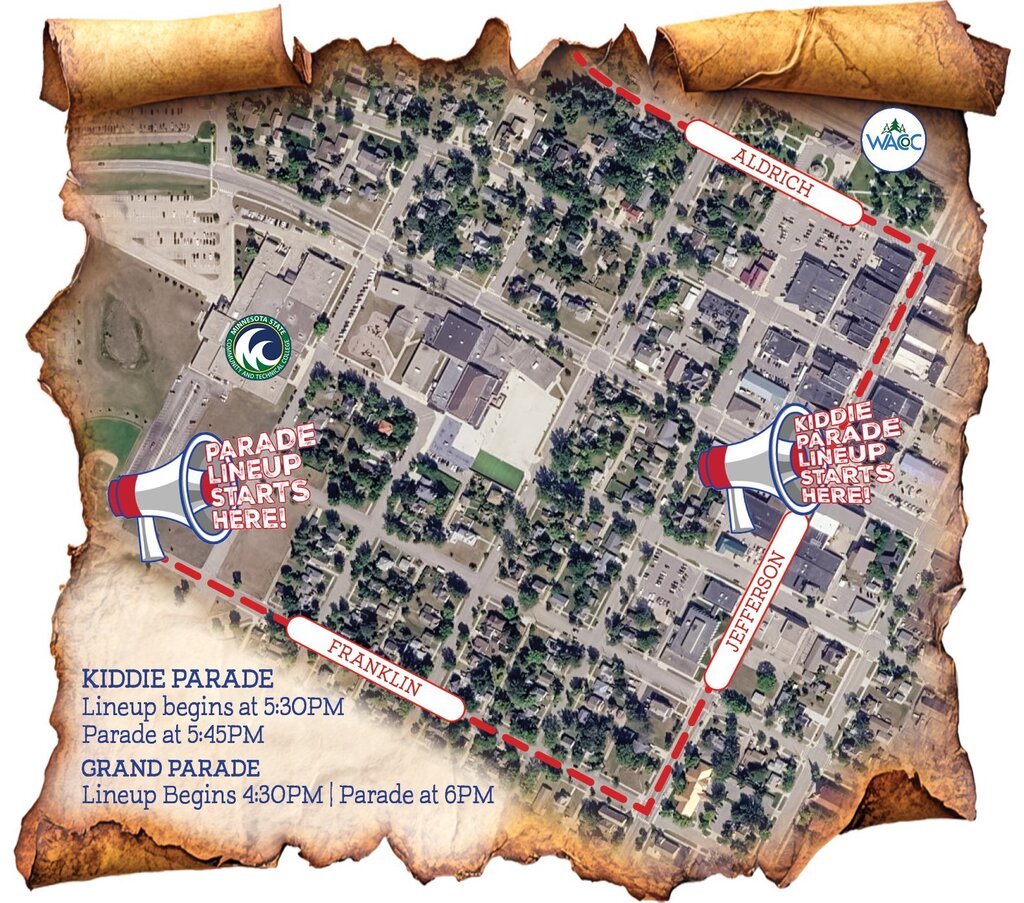 June Jubilee Parade Map - Starts on Franklin Ave behind MState, goes down Jefferson St, and then down Aldrich Ave.