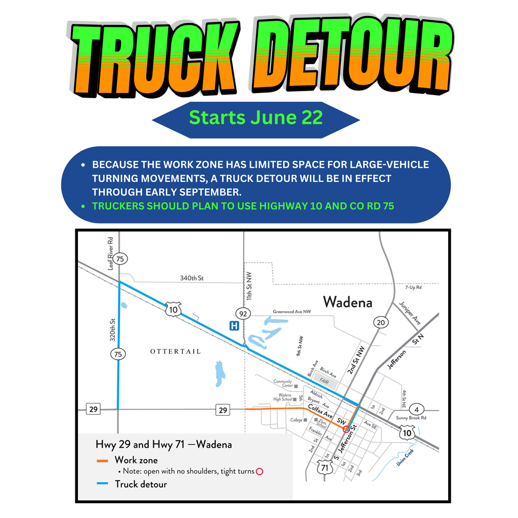 Highway 71/29 Truck Detour - Because the work zone has limited space for large-vehicle turning movements, a truck detour will be in effect through early September. Truckers should plan to use Highway 10 and Co Rd 75.
