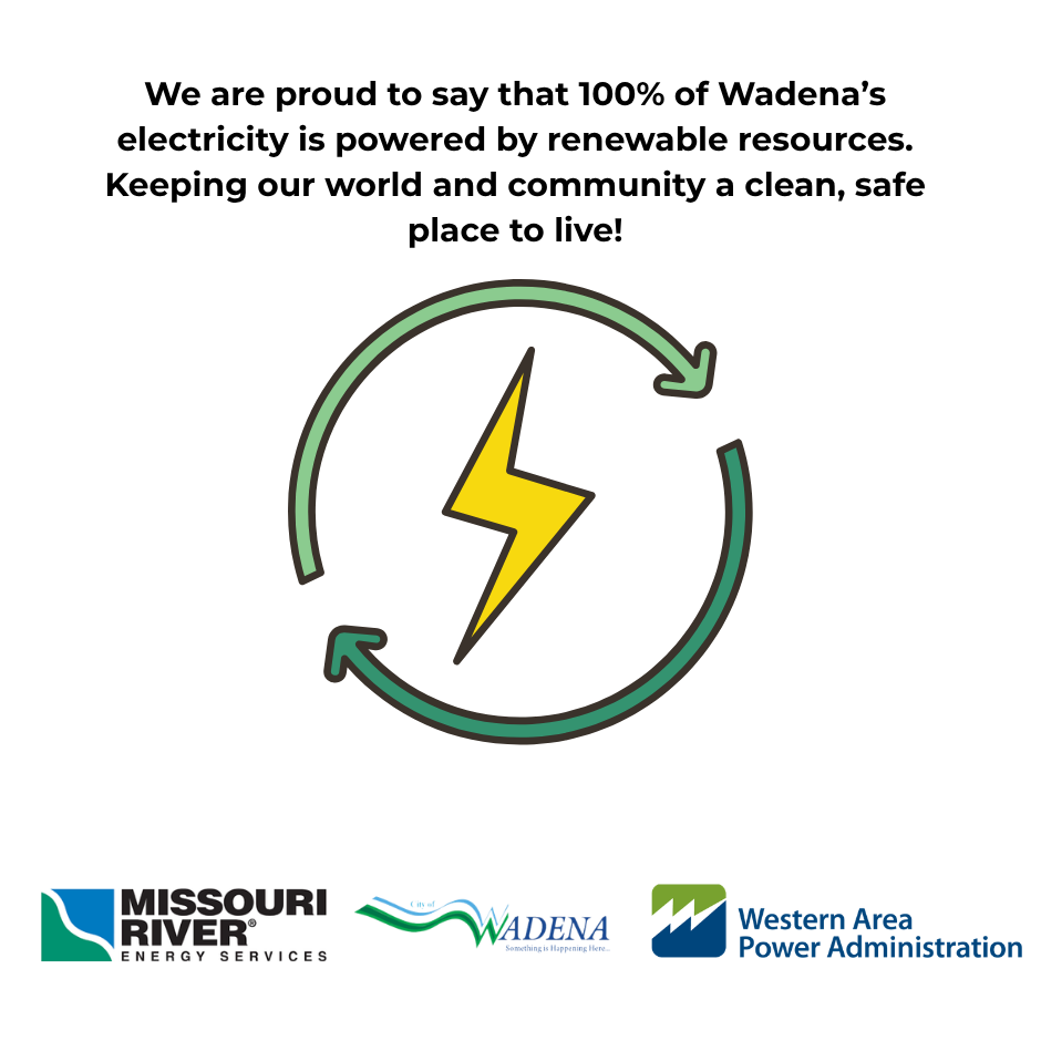 We are proud to say that 100% of Wadena's electricity is powered by renewable resources. Keeping our world and community a clean, safe place to live.