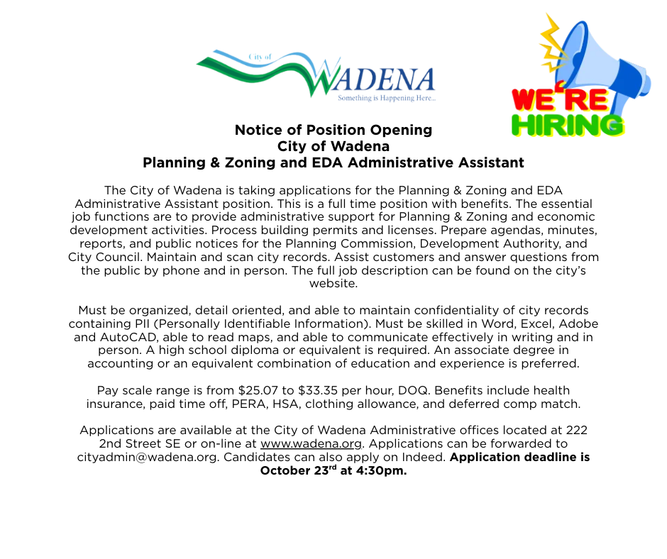 Notice of Position Opening: Planning & Zoning and EDA Administrative Assistant