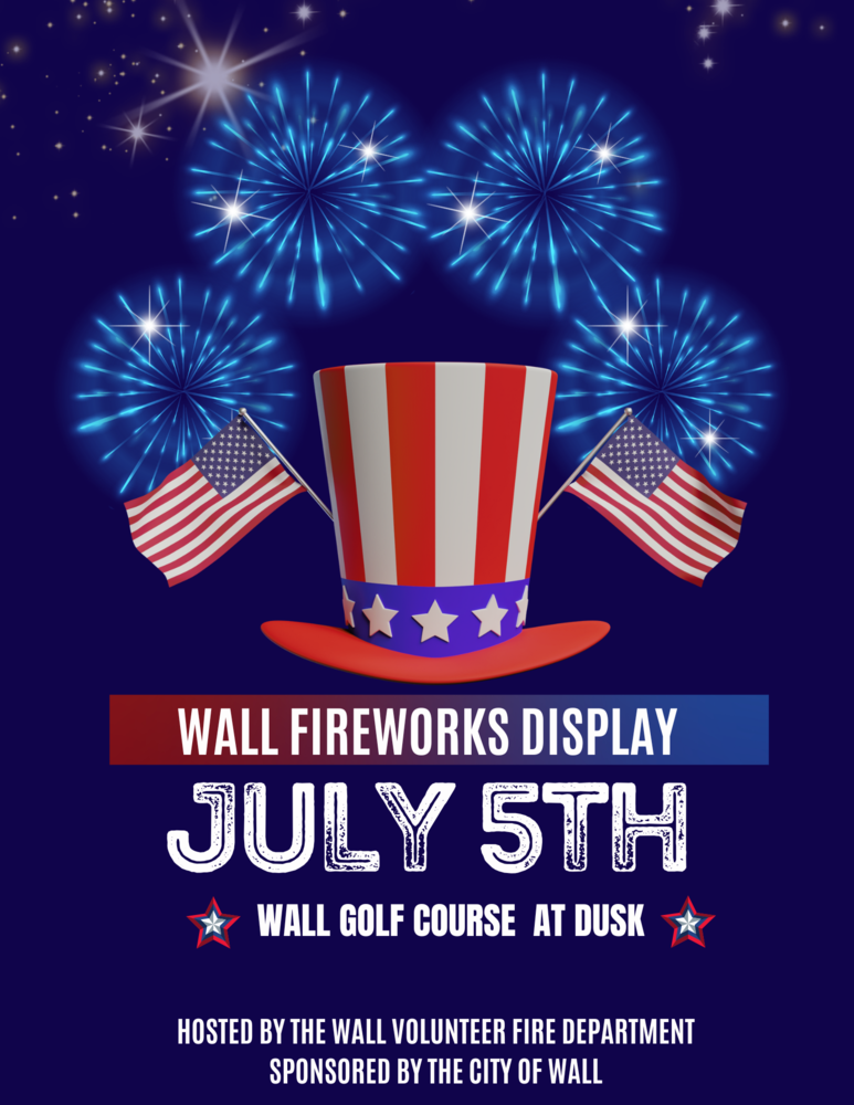 wall fireworks display july 5th at wall golf course at dusk hosted by the wall volunteer fire department sponsored by the city of wall