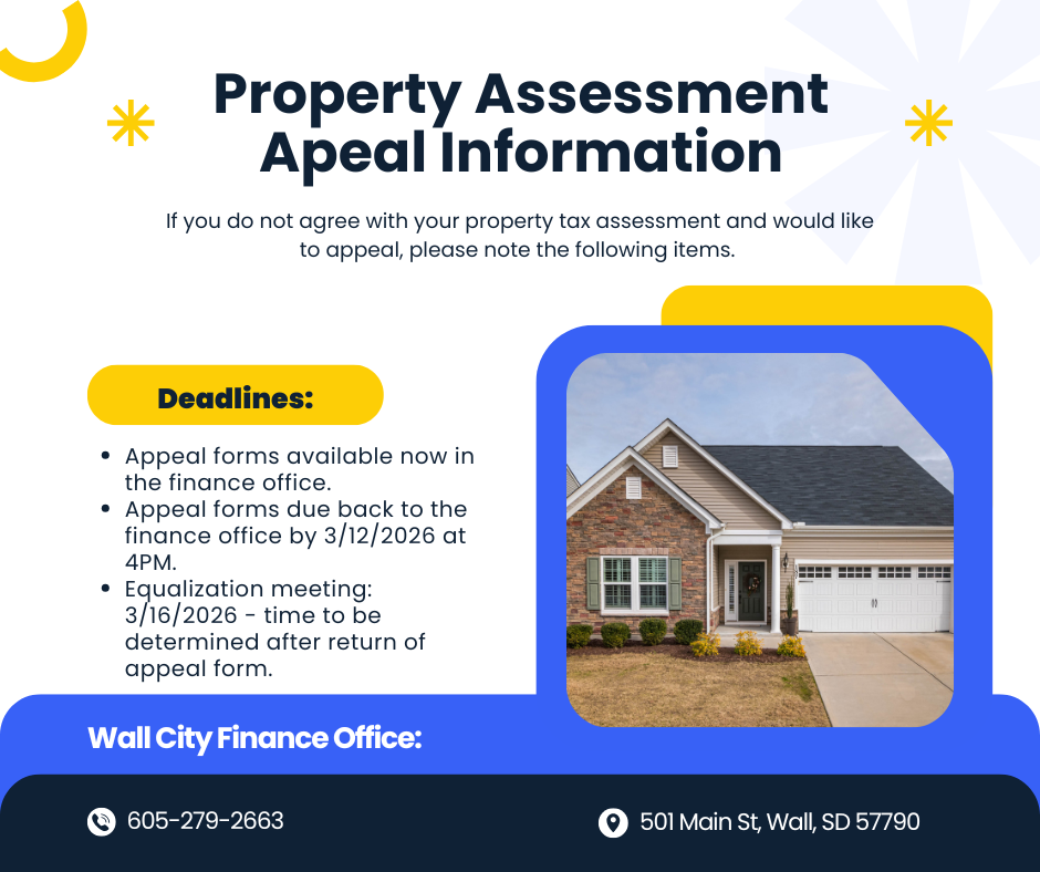 Notice of property tax assessment appeal process with forms being available now, due back 3/12/26 with an Equalization meeting being held 3/16/26.