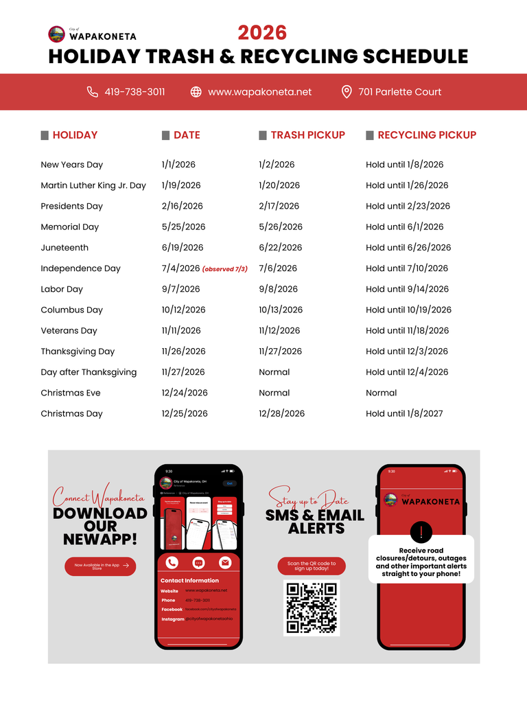 2026 Holiday Schedule