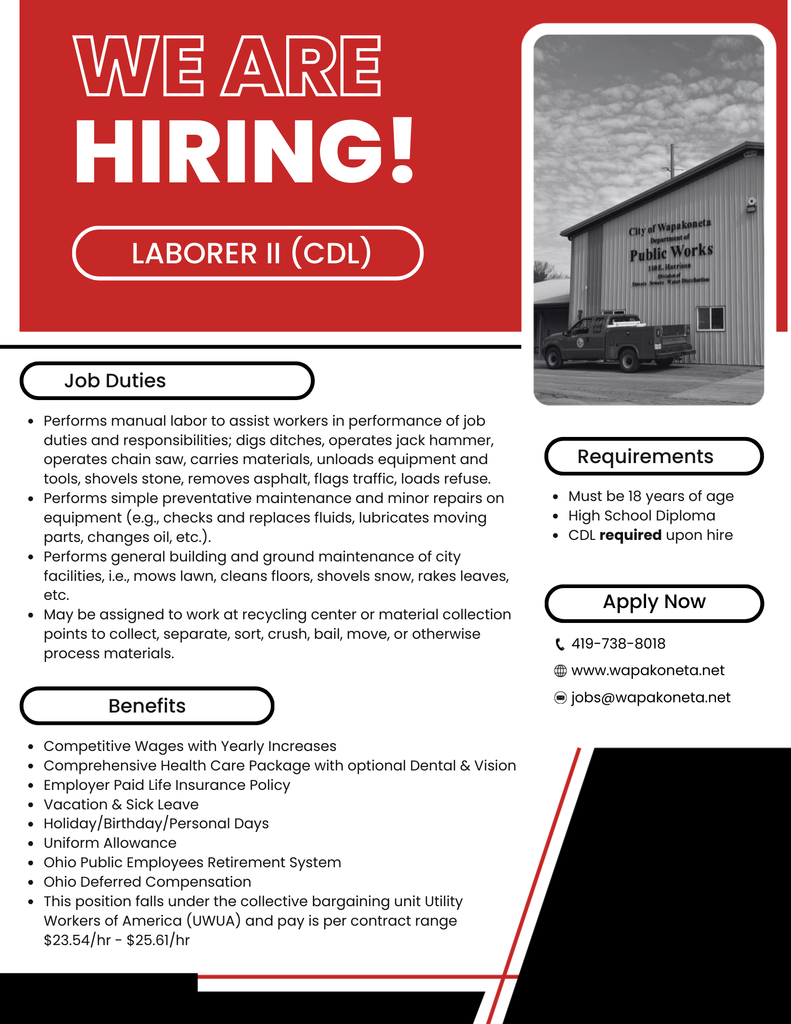 Hiring a Laborer II (CDL)! 