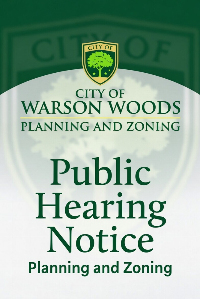 A poster with a green tree logo and the name of the city advertising a public hearing notice. 