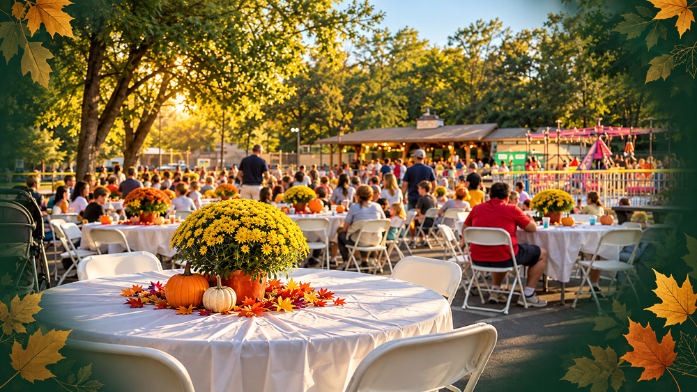 a fall festival with a table that has decorations on it in the foreground and people behind
