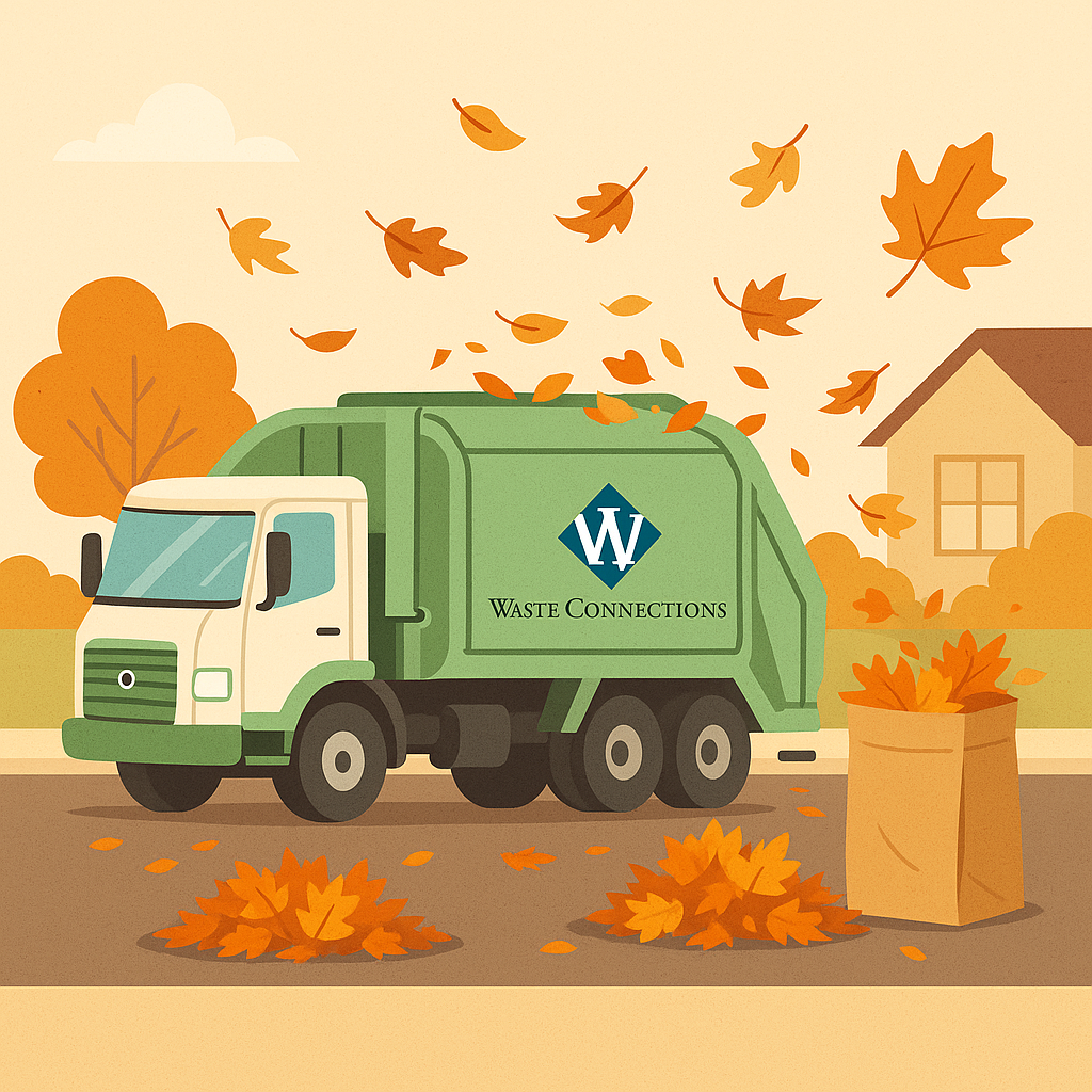 A Waste Connections Truck and a bag of leaves by the curb