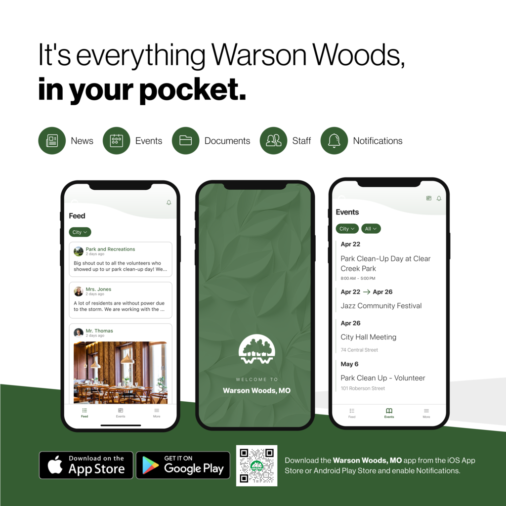 Flyer for Warson Woods Mobile App with QR Code to download the app