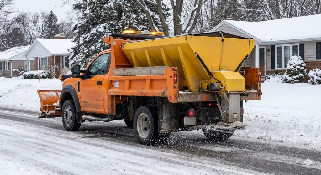 a truck salting a residential street