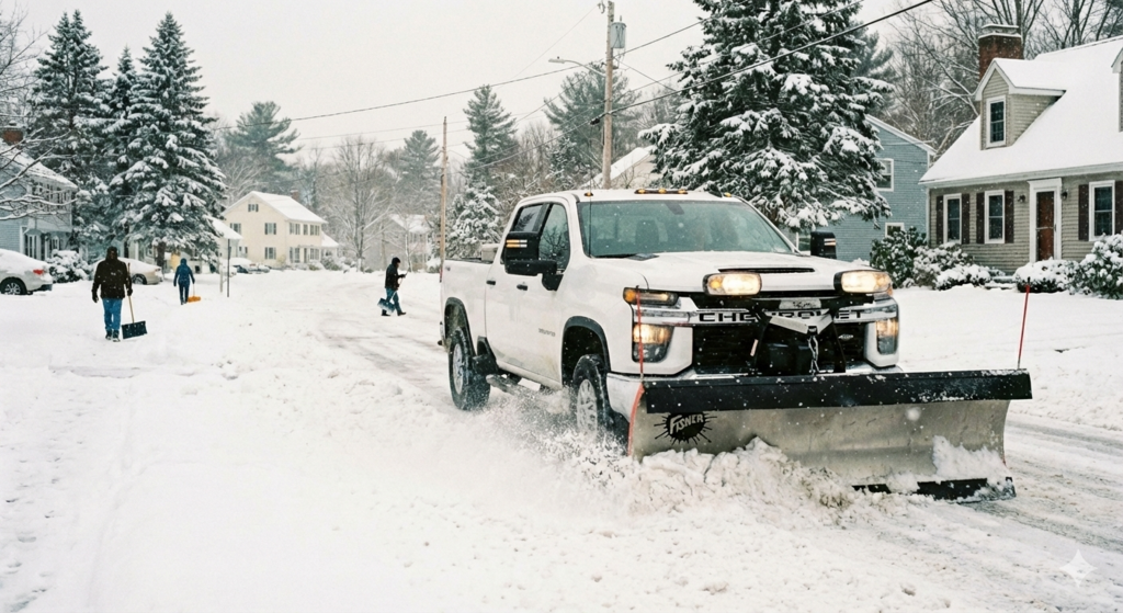 a truck plowing snow off a residential street