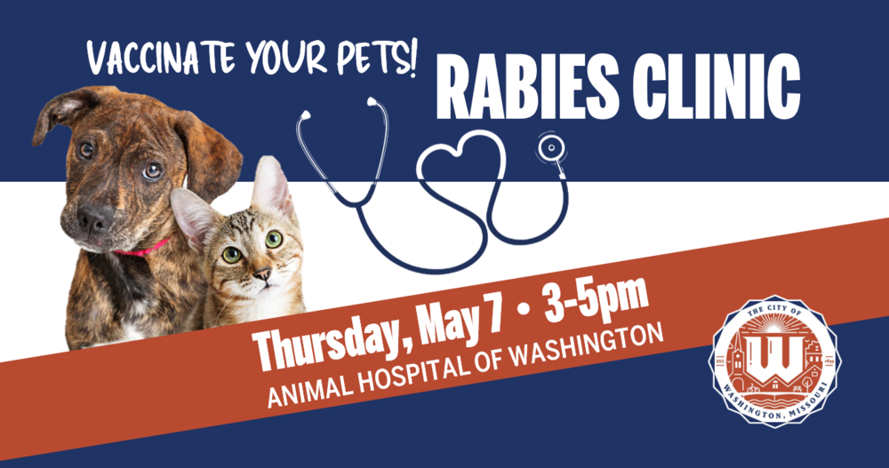 dog and cat with text reading Vaccinate your pets! Rabies Clinic Rabies Clinic • Thursday, May 7 • 3-5pm, Animal Hospital of Washington