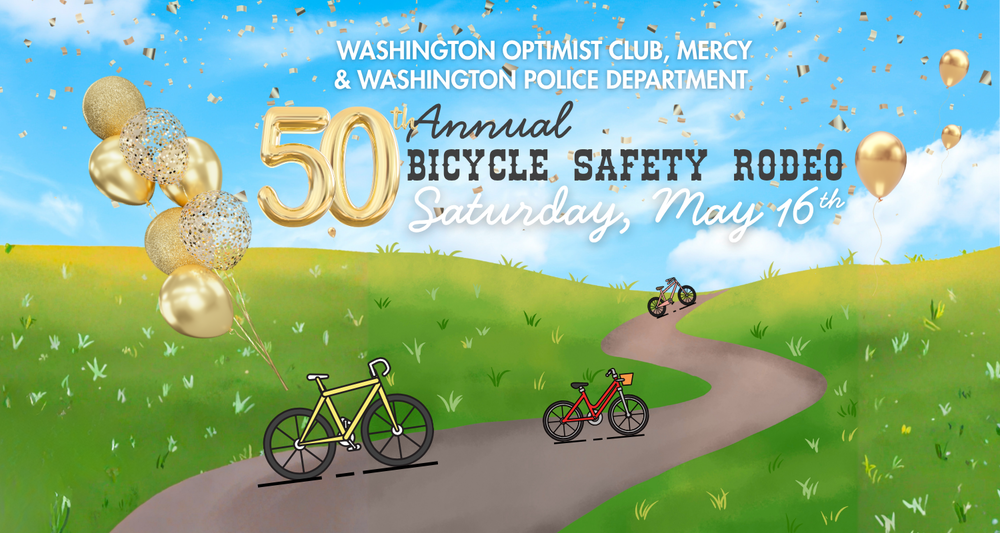 Bicycles on a road riding into the distance. Text noting the 50th Annual Bicycle Safety Rode on Saturday, May 16