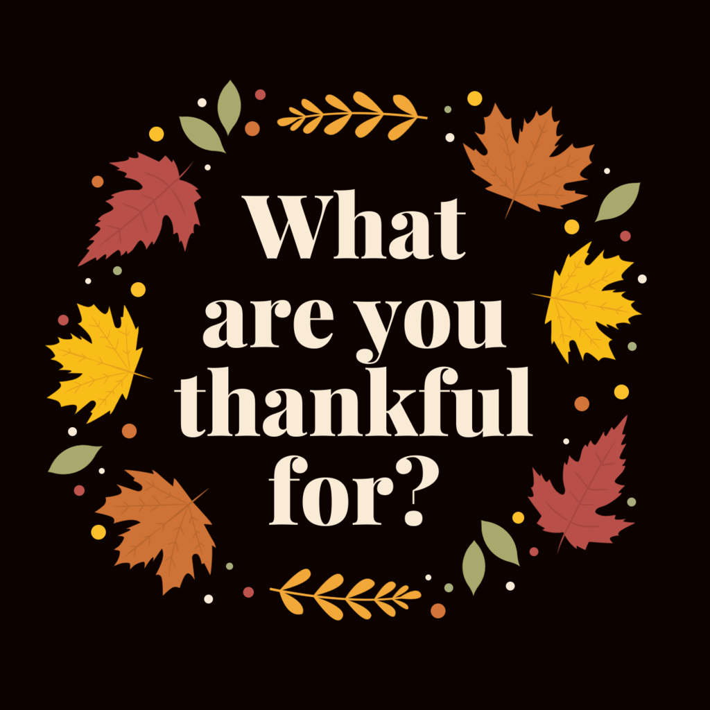 "What are you thankful for?" encircled by colorful fall leaves