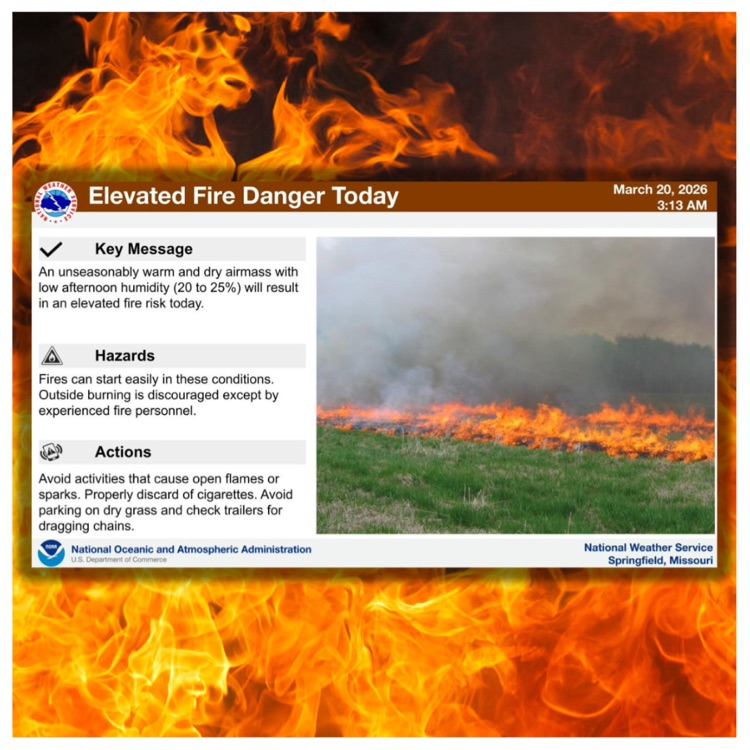 Due to dry conditions and increased winds, fire danger is elevated in our area today. Please use extra caution with any outdoor activities that could spark a fire. Avoid open burning, properly dispose of smoking materials, and secure trailer chains to prevent sparks. Even small actions can help prevent a dangerous situation. Let’s all do our part to keep our community safe. 🚒