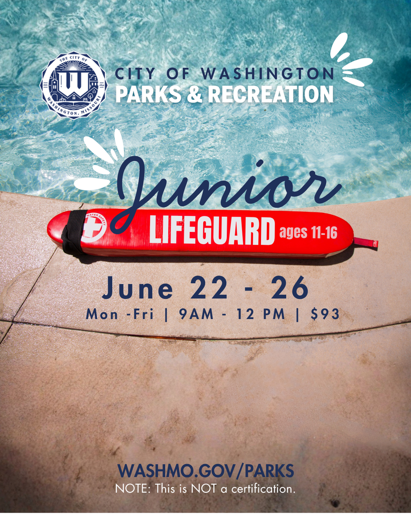 Junior Lifeguard program for ages 11-16 June 22-26 Mon.-Fri. 9am-12pm. Registration ends June 18th and cost $93. This is not a certification course.