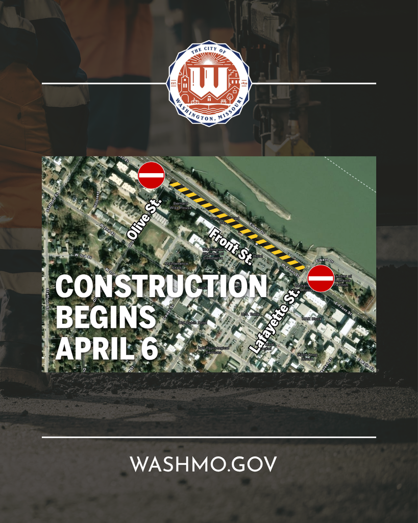 Map of Downtown Washington  noting the upcoming constuction on Front Street between Lafayette and Olive that will begin on April 6