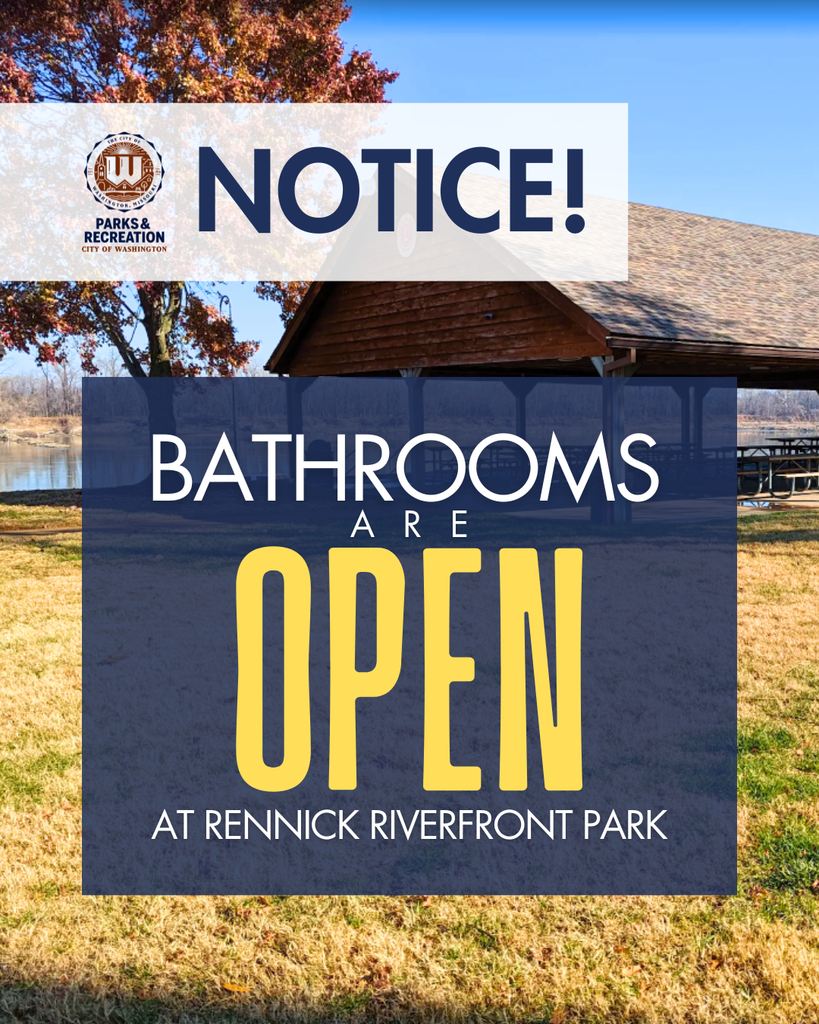 Image of the Rennick Pavilion over looking the River. Reading: Notice! Bathrooms are Open at Rennick Riverfront Park.
