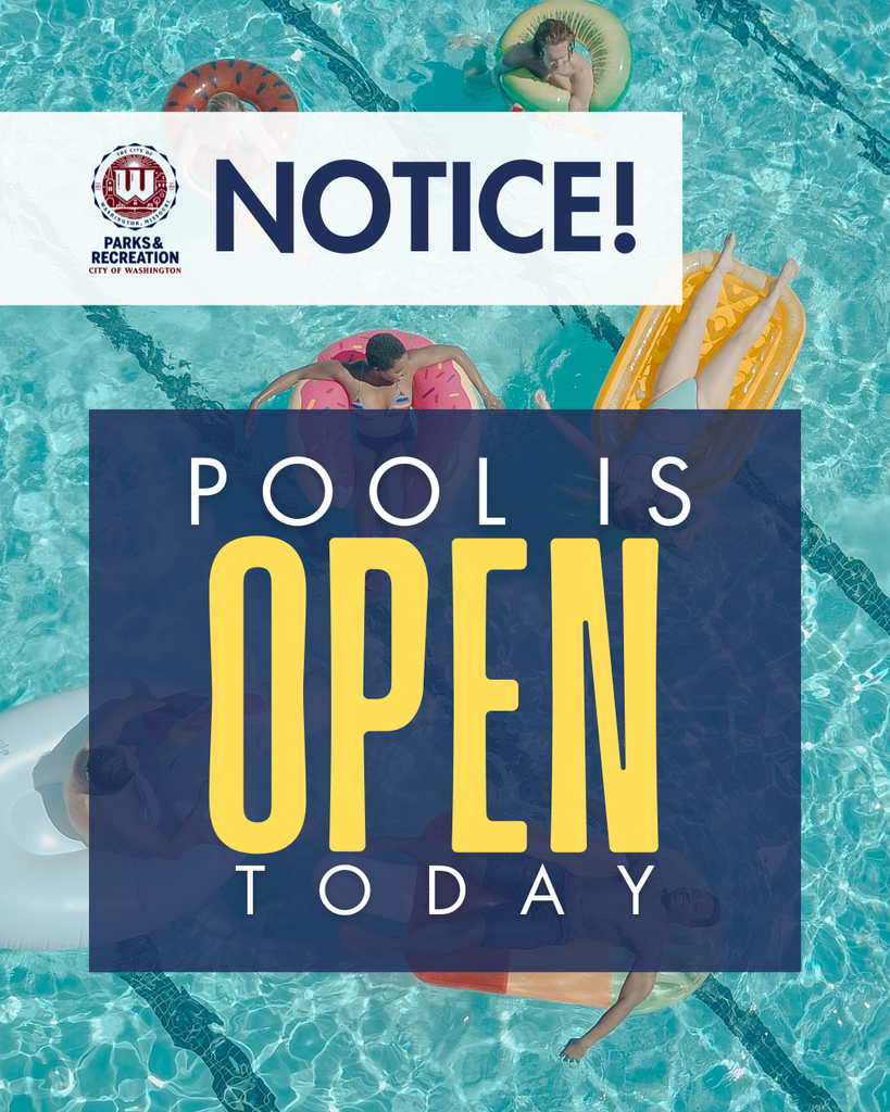 Image of people in tubes floating in a pool. Text reads Pool is open today
