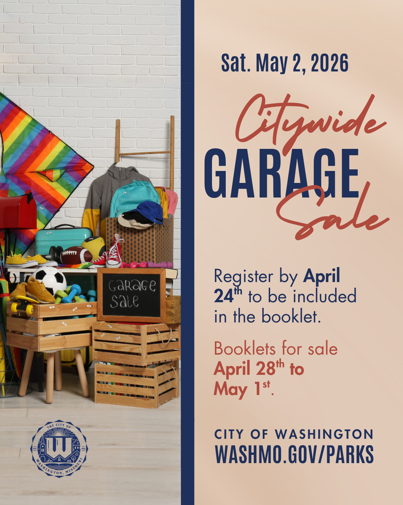 Image of household items piled up with a chalkboard that reads "Garage Sale". Text reads Sat May 2, 2026 Citywide Garage Sale Register by April 24th to be included in the booklet. Booklets for sale April 28th to May 1st.