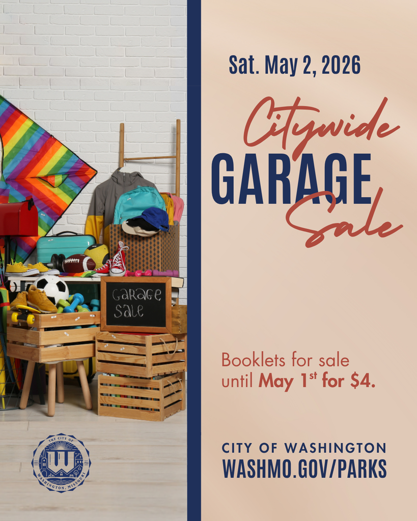 Image of household items piled up with "Garage Sale" written on a chalk board. Image states City Wide Garage Sale, Booklet for sale until M<ay 1st for $4. 