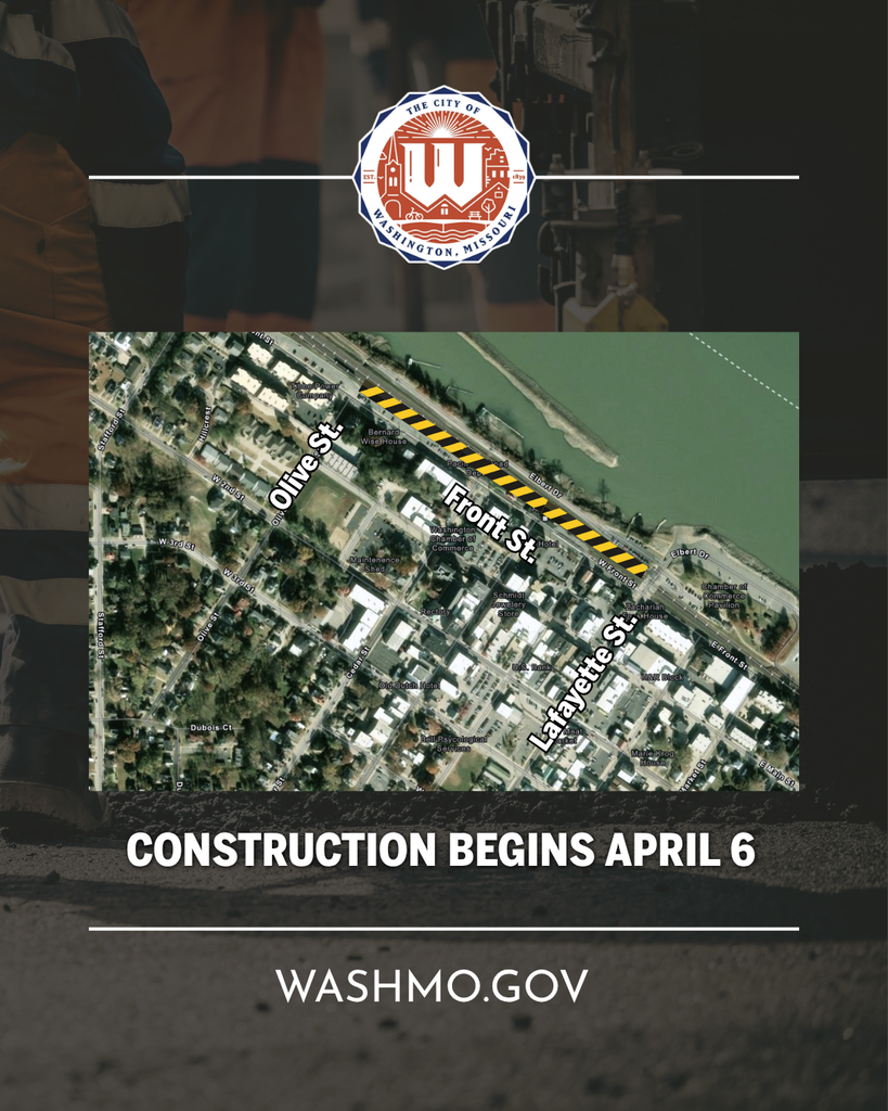 Map of Downtown Washington  noting the upcoming constuction on Front Street between Lafayette and Olive that will begin on April 6