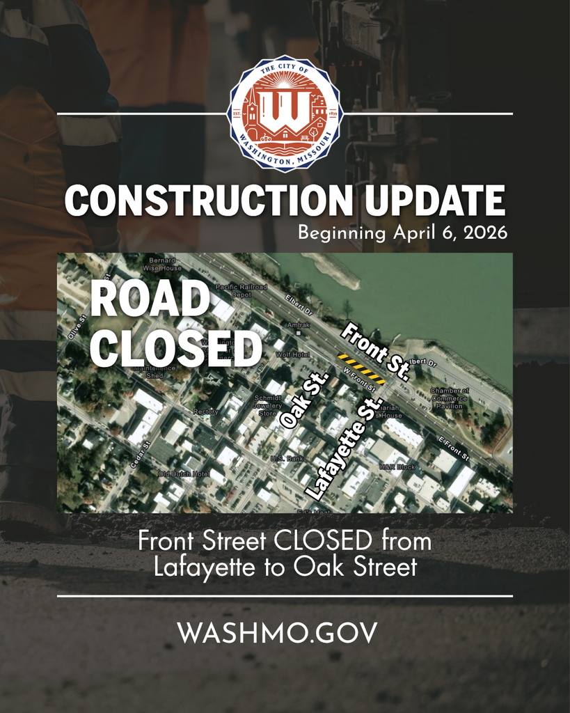Street construction with text noting that construction will close Front St from Lafayette to Oak beginning April 6.