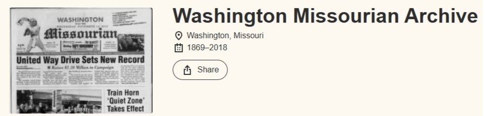 Washington Missourian Archive 1869-2018 with a photo of an old Missourian front page