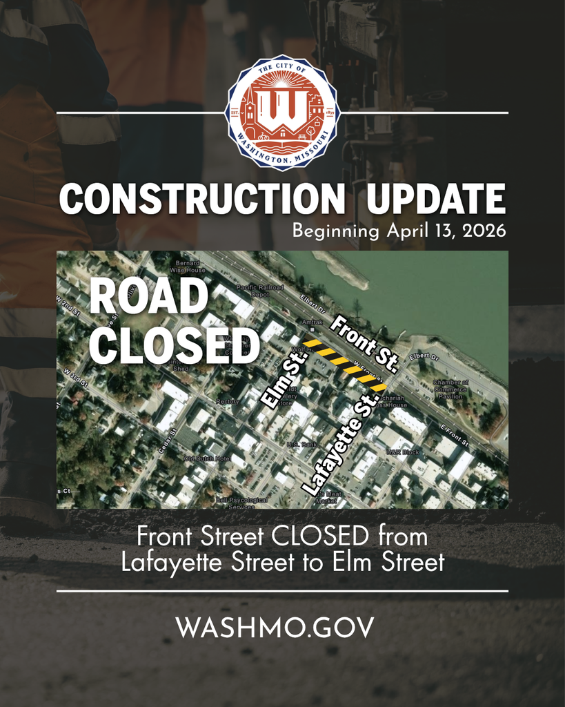 Map of downtown washington indicating closure of Front Street with text reading Construction Update beginning April 13 Front Street CLOSED from Lafayette Street to Elm Street