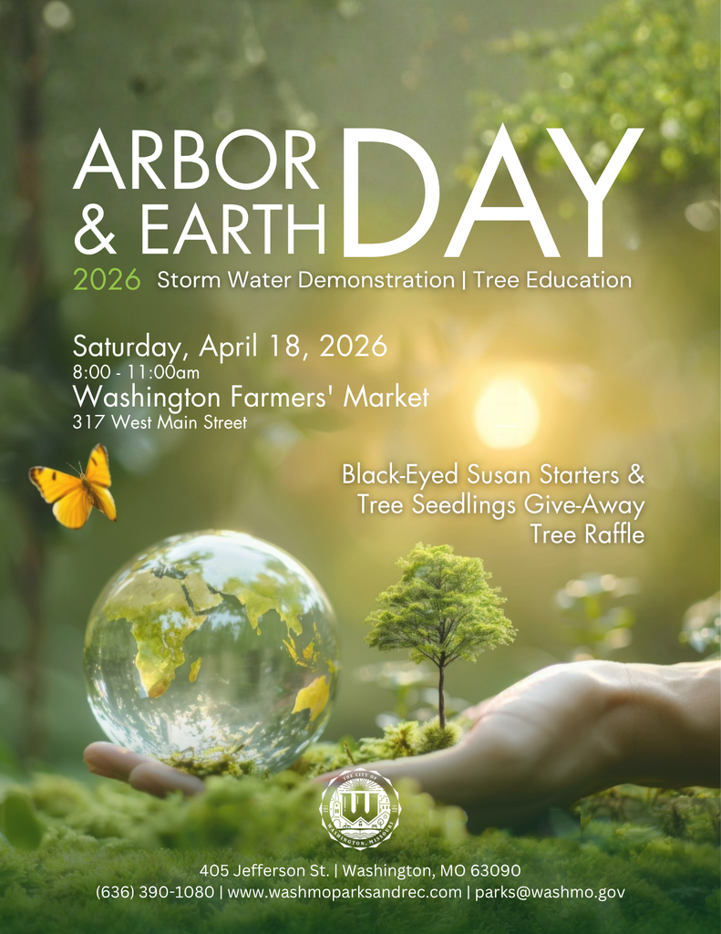 Image of a hand holding a small tree and a small clear earth globe in the palm of their hand restin on a bed of moss. Arbor & Earth Day April 18th 2026 8am-11am @ Washington Farmers' Market.