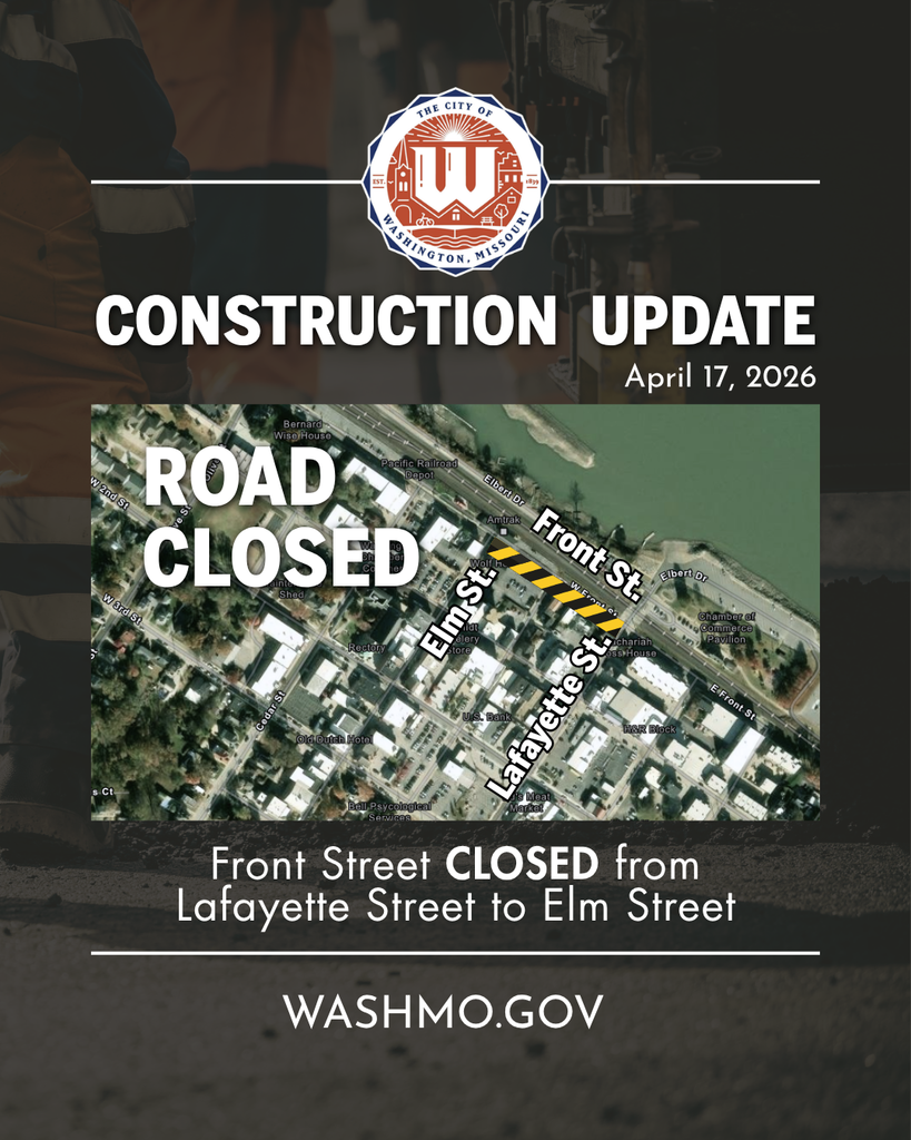 April 17, 2026 Construction Update: Map of Front Street with note stating that Front Street will be Closed from Lafayette to Elm 
