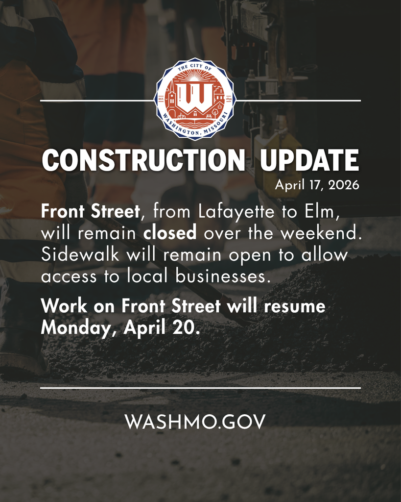Construction Update April 17, 2026.  Front Street, from Lafayette to Elm, will remain closed over the weekend. Sidewalk will remain open to allow access to local businesses.   Work on Front Street will resume Monday, April 20.