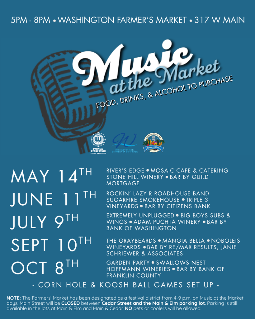 Music at the Market 5pm-8pm May 14th, June 11th, July 9th, Sept. 10th, and Oct 8th. Image lists the band, food vendor, winery, and company providing the bar for each day.  All food and drinks are for purchase. Corn hole & Koosh ball games are set up for use during event. NOTE: The Farmers’ Market has been designated as a festival district from 4-9 p.m. on Music at the Market days. Main Street will be CLOSED between Cedar Street and the Main & Elm parking lot. Parking is still available in the lots at Main & Elm and Main & Cedar. NO pets or coolers will be allowed.
