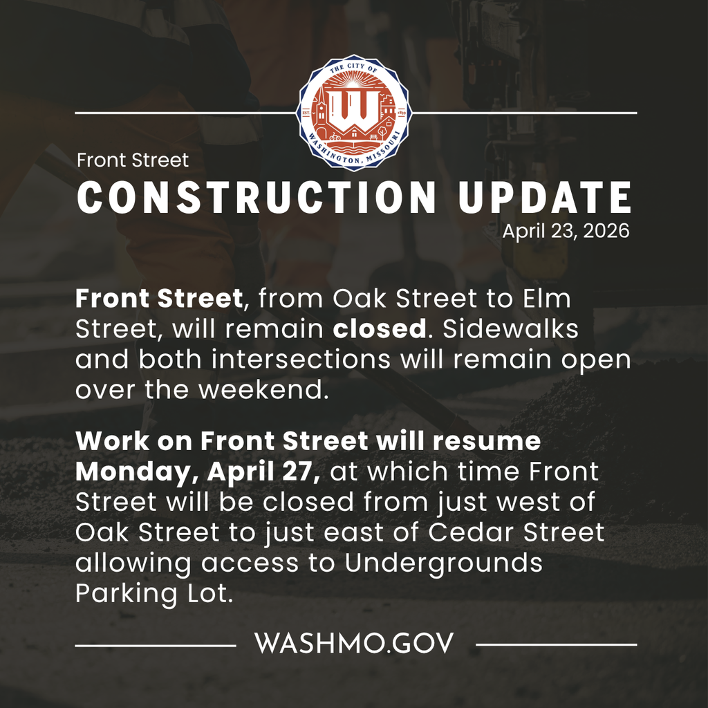 Construction Update April 23 Front Street, from Oak Street to Elm Street, will remain closed. Sidewalks and both intersections will remain open over the weekend.  Work on Front Street will resume Monday, April 27, at which time Front Street will be closed from just west of Oak Street to just east of Cedar Street allowing access to Undergrounds Parking Lot. 